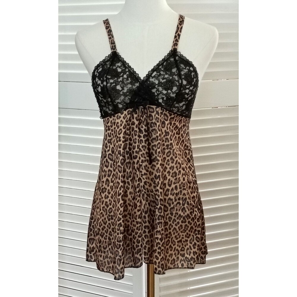 Vintage Petra Fashions Babydoll Leopard Lingerie Black Floral Lace Top Size Med